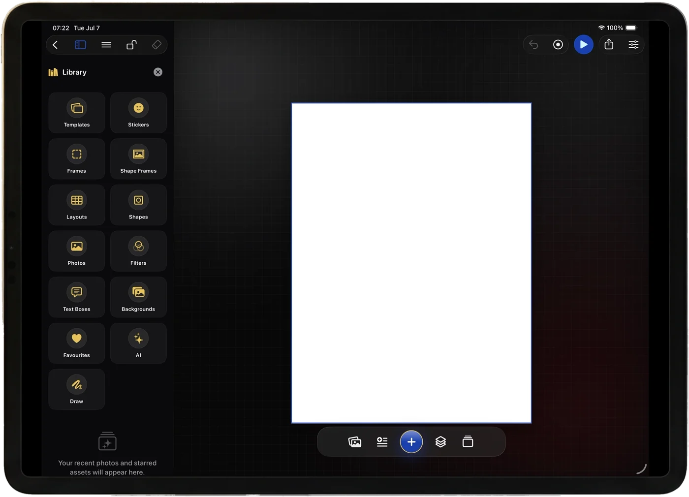 Krevez auf dem iPad Pro — Bibliotheks-Panel, Slide-Liste und Canvas
