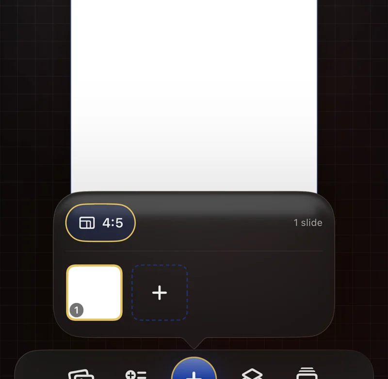 Krevez slide manager with a 4:5 aspect chip, one slide and an add-slide button