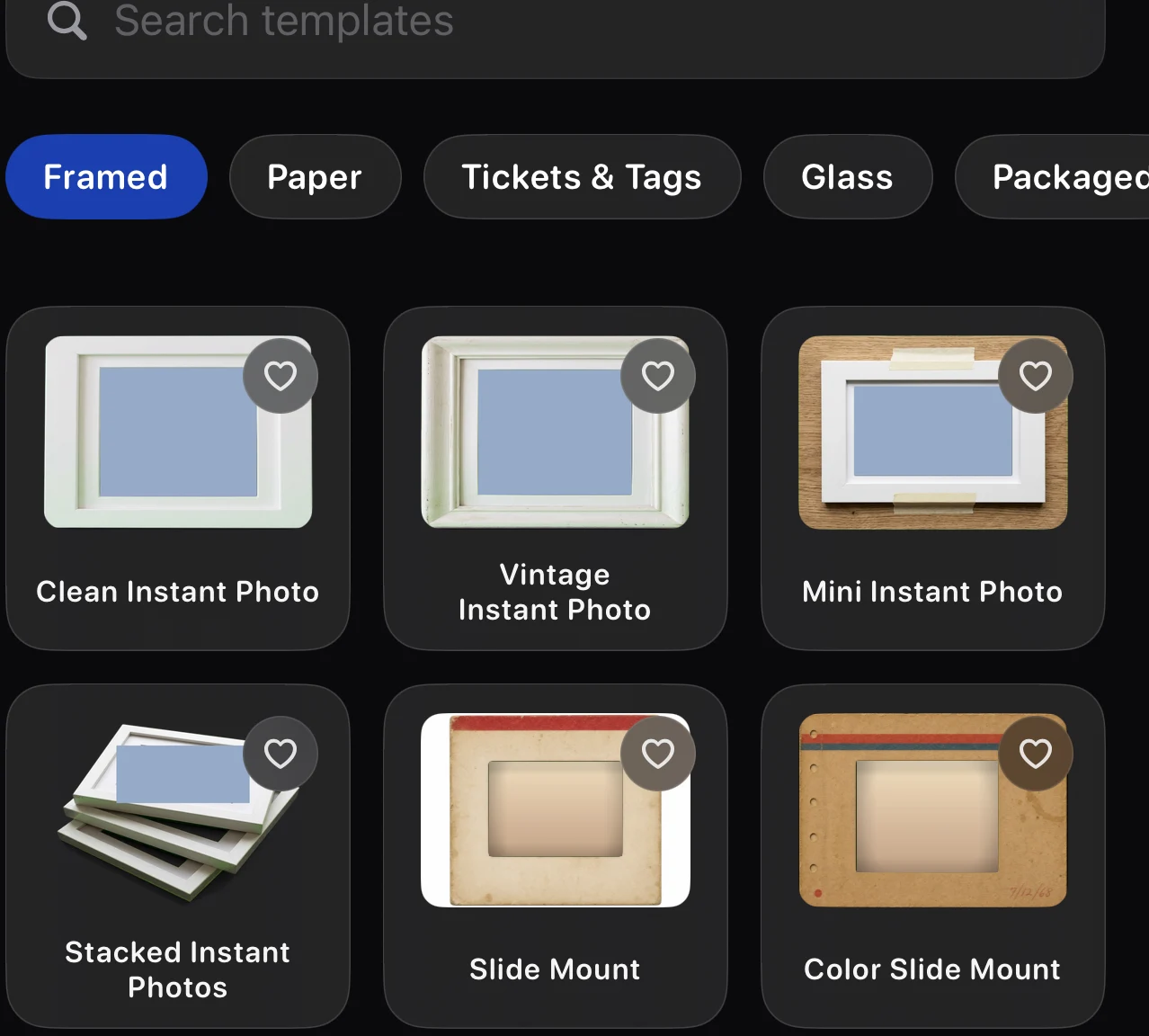 Krevez template browser tiles: Clean Instant Photo, Vintage Instant Photo, Slide Mount and more