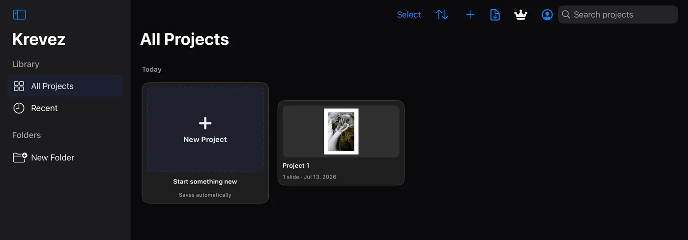 Krevez on iPad — Create a project
